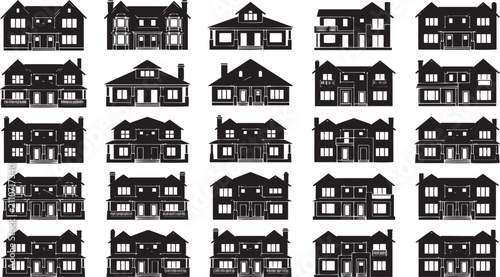 Set of twenty black silhouette of residential houses with various architectural styles, gabled roofs, and windows on a white background
