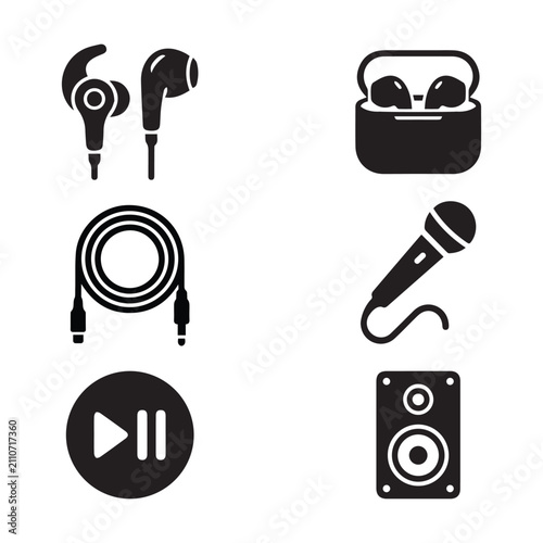 Modern Audio and Multimedia Black Solid Glyph Icon Set Including Wired Earphones, Wireless Earbuds, Charging Case, AUX Cable, Microphone, Speaker, Play/Pause Button, Music and Sound Technology Vector 