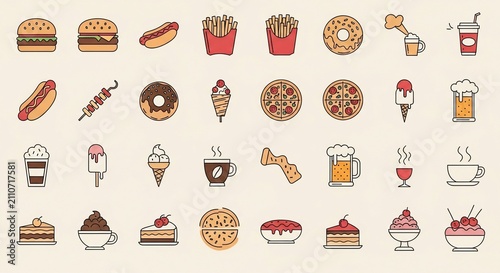 Delightful Food Icons: Cozy Treats & Savory Bites, Vibrant Colors, Hand-Drawn Charm