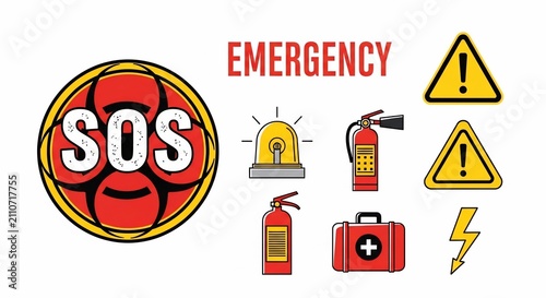Urgent SOS: Safety icons, emergency alert, fire extinguish, first aid, lightning strike, hazard warning.