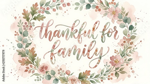 Watercolor floral wreath surrounds the elegant hand-lettered text thankful for family on a white background.