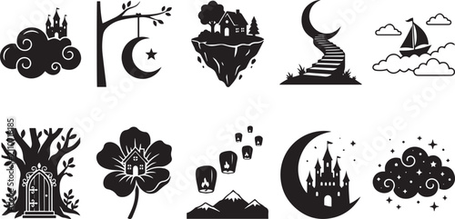 Set of hand drawn fantasy icons featuring castles moons floating islands and magical elements in black ink style