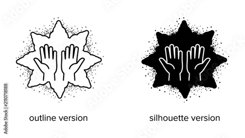 Foto Dua hands: A graphic representation depicting an open hand silhouette and outline within a starburst design, symbolizing prayer and supplication