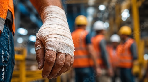 Injured hand wrapped in bandages, close up with blurred industrial workers in background.