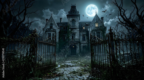 Spooky haunted mansion under a full moon, creepy gothic house with iron gates, dark halloween background with bats and bare trees Halloween