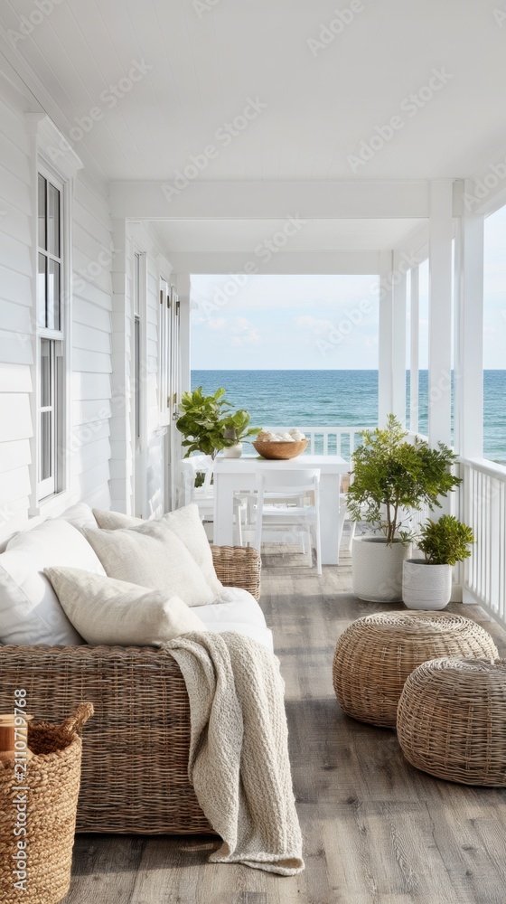 Obraz premium Airy coastal porch seating with woven sofa, poufs and ocean view for banner and background use in seaside home decor and vacation lifestyle design