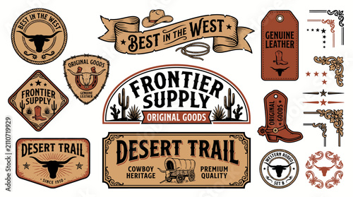Vintage Western badges and labels collection, rustic cowboy frontier supply vector set, antique desert trail leather patches with longhorn and boots