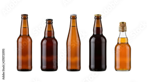Foto Brewery set featuring five brown glass beer bottles in a row isolated on transpa