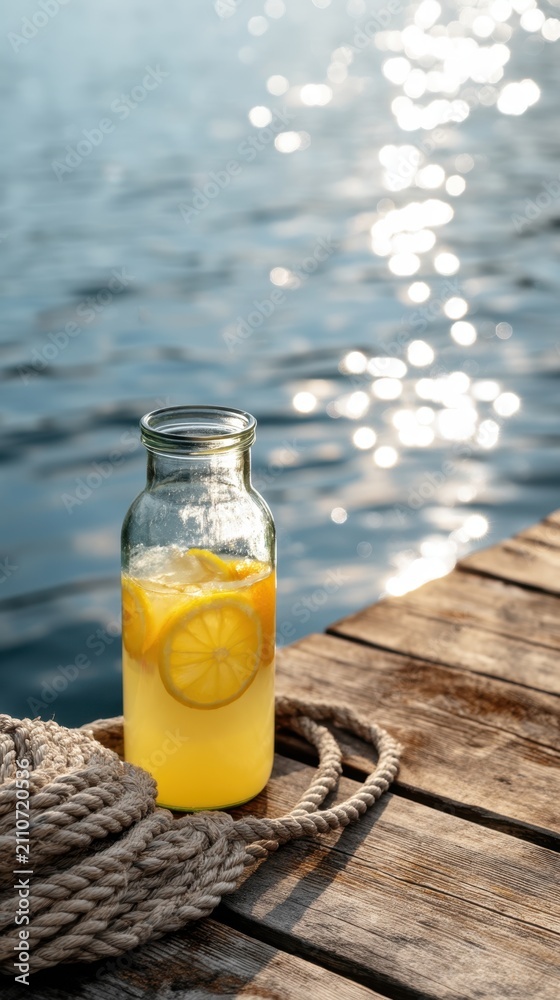 Fototapeta premium Glass bottle of fresh lemon drink on an aged wooden pier coiled with rope and sparkling sea bokeh for summer background and coastal poster design