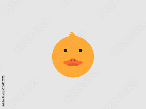 A simple flat illustration of a round yellow duck head emoji with black dot eyes