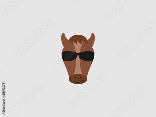 A simple flat illustration of a brown horse head wearing stylish black sunglasses with a subtle