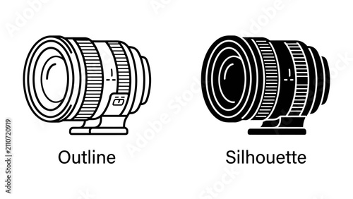 Foto Camera Lens Outline and Silhouette: Two distinct representations of a camera lens, one as a detailed outline and the other as a solid silhouette, perfect for illustrating photography concepts