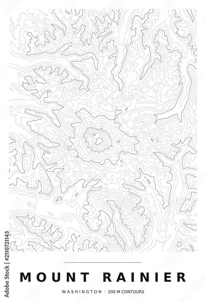Obraz premium Mount Rainier National Park Contour Map, Black Lines, Editable Vector