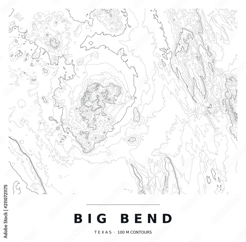 Obraz premium Big Bend National Park Topographic Contour Map, Editable Black Vector