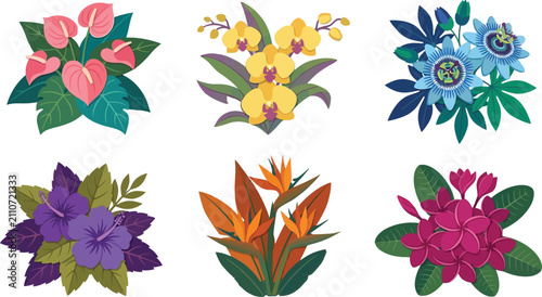 Bild auf Leinwand Collection of vibrant tropical flower bouquets featuring exotic blossoms in a fl