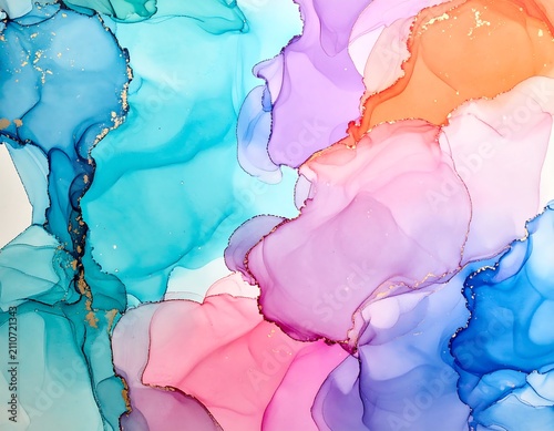 An abstract, colorful fluid art piece featuring vibrant watercolor blends with gold accents, creating an ethereal and dynamic effect
