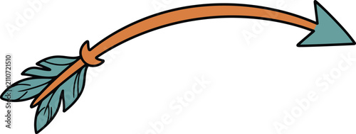 Curved hand drawn arrow with feathered tail on transparent background
