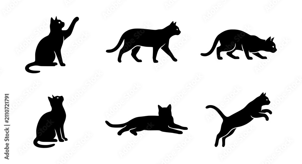 Obraz premium Black Cat Silhouettes: Playful Poses, Vector Icons for Pet Lovers, Animal Graphics