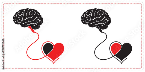 Black brain and red heart connected by a line as a symbol of human logic and emotion balance