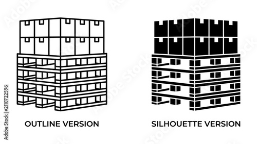 Bild auf Leinwand Outline and Silhouette of Stacked Pallets with Boxes: A graphic representation showcasing stacked pallets laden with cardboard boxes in both outline and silhouette versions