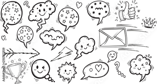 Playful hand drawn speech bubbles and icons doodle set on transparent background