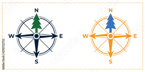Two compass rose icons with pine tree north needle for travel navigation and outdoor adventure