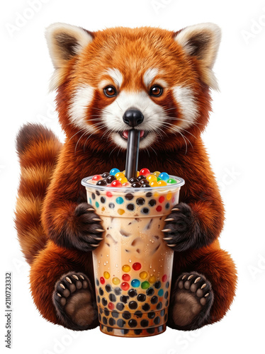 Cute red panda sitting and drinking bubble tea isolated on transparent background.