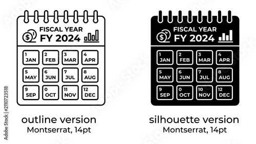 Fiscal Year 2024 Calendar Icons: Two calendar icons representing fiscal year 2024, one in outline and one in silhouette, detail monthly planning with financial and progress chart graphics.