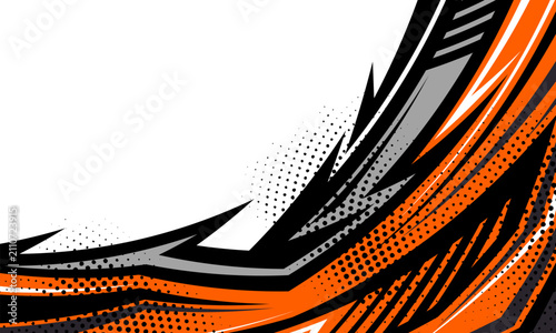 Abstract Sporty Racing Background with Orange and Black Geometric Shapes and Halftone Dot Pattern for Car Wrap Decal Graphic and Vehicle Livery Vinyl Sticker Design