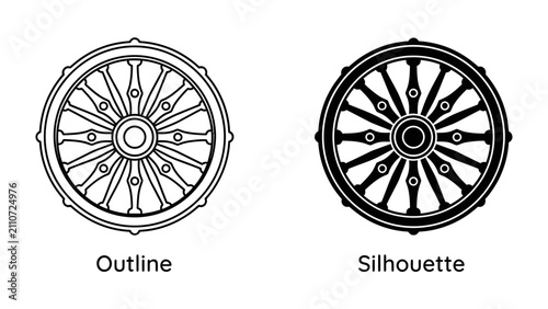 Cuadro en lienzo Dharma Chakra Outline and Silhouette: A classic representation of the Dharma Chakra, or Wheel of Law, shown in both outline and silhouette forms, symbolizing spirituality and Buddhist teachings