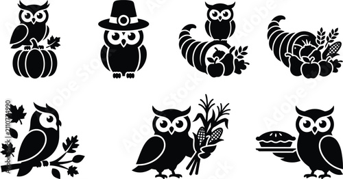 Quadro su tela Thanksgiving owl harvest character icon set