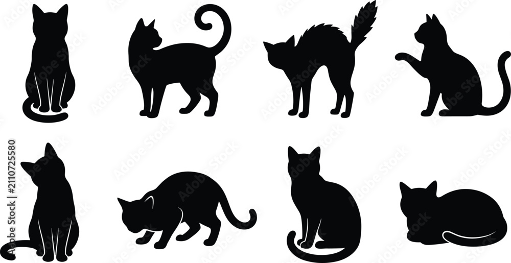 Fototapeta premium Black silhouette cats in multiple expressive poses including sitting, standing, crouching, arching back, and lying down illustrations