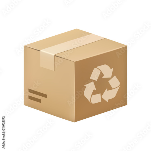 3D illustration of a closed brown cardboard delivery box with tape and a recycling symbol, isolated on white. Perfect for logistics and eco packaging.