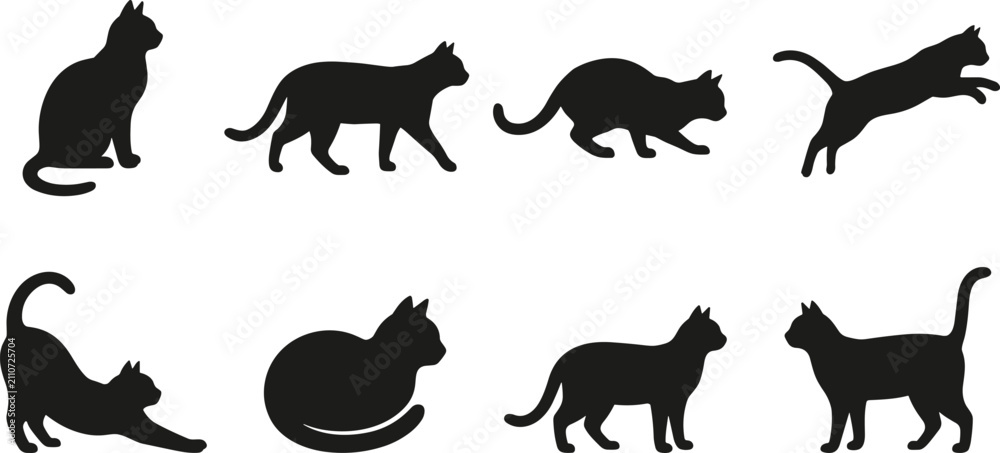 Fototapeta premium Black silhouette cats in natural poses including sitting, walking, crouching, leaping, stretching, resting, and playful movements
