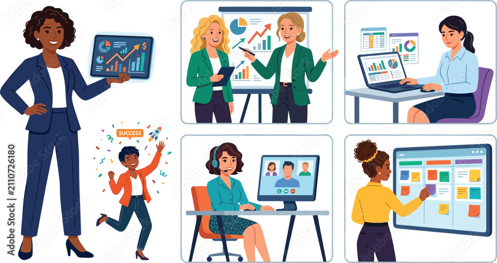 Fototapeta premium Business Women Collaboration and Digital Workplace Cartoon Illustration Set for Modern Office Professionals