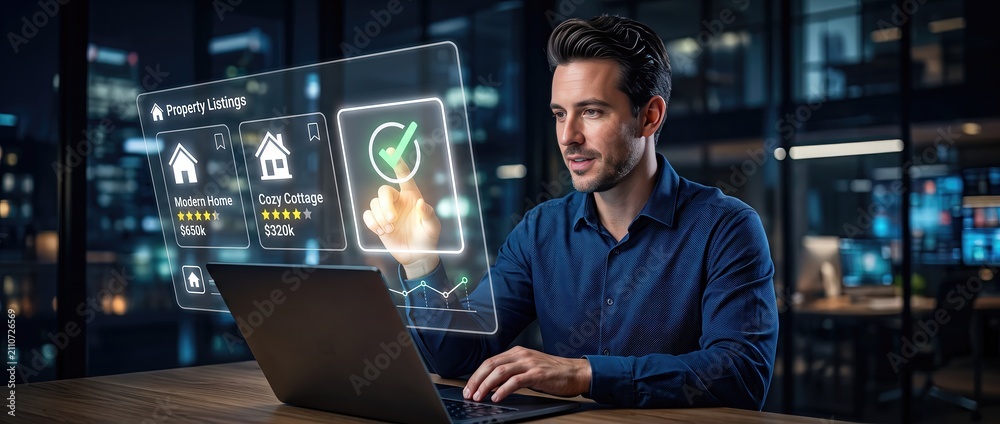 Fototapeta premium Professional man engaged in virtual home listing review using laptop in modern office with futuristic interface displaying property information and ratings