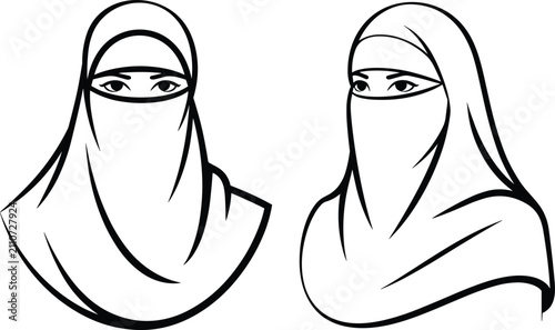 Foto Two women wearing traditional niqab headscarves depicted in a simple black and w