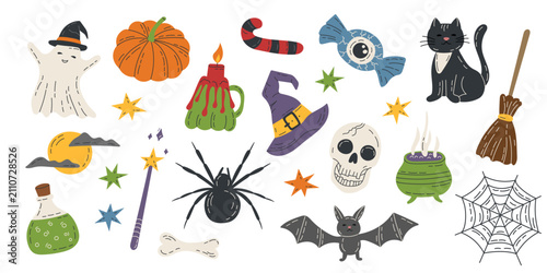 Set of Halloween cliparts in a flat style isolated on a white background. Vector hand drawn collection.