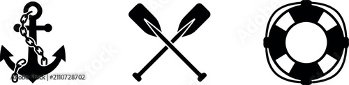 Foto Nautical silhouettes of anchor oars and life preserver on a white background