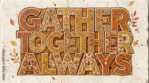 Gather together always is displayed in large patterned wooden typography on a textured stone surface.