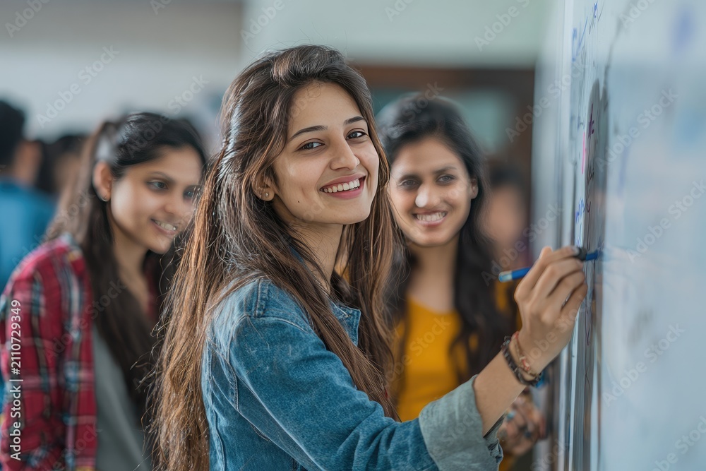 Obraz premium Happy Female Students Write on Whiteboard in Classroom Learning Together
