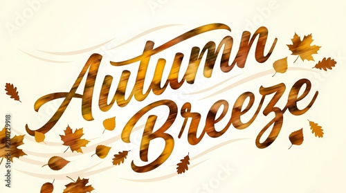 Autumn Breeze typography features elegant cursive lettering surrounded by falling maple and oak leaves on a clean cream background.