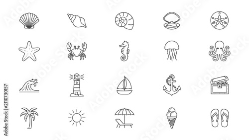 Obraz na plátně Collection of minimal line drawings featuring beach seashells sea creatures and