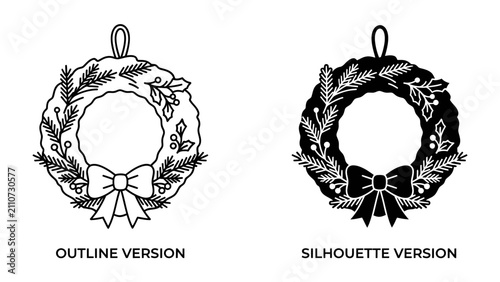 Christmas Wreath Outline and Silhouette: A pair of Christmas wreaths, one presented as a line art outline and the other as a bold black silhouette, both adorned with festive pine branches, berries.