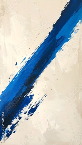 An abstract composition featuring a thick diagonal stroke of vibrant blue paint across a cream-colored background with textured brushstrokes