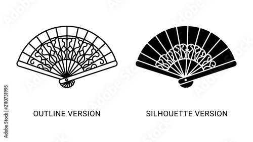Fotografie Elegant Fan Designs: A collection of two intricately designed fans, one presented as a delicate outline and the other as a bold silhouette, showcasing traditional artistry and decorative patterns