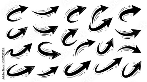 Set of black dynamic curved arrows with swoosh motion speed lines isolated on white background, symbolizing business growth trajectory and modern infographic visual navigation