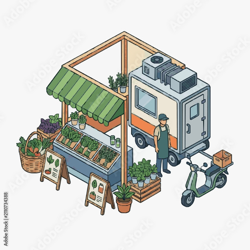 Cuadro en lienzo Mobile Food Truck Market Setup with Delivery Rider.