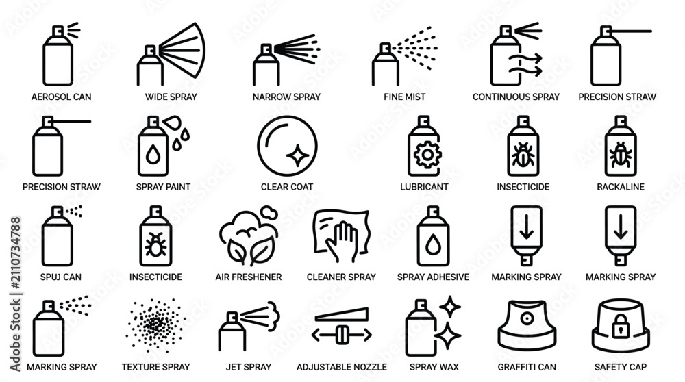 Fototapeta premium Aerosol spray can icon set featuring various nozzle types and application uses like fine mist spray paint lubricant insecticide and professional marking sprays.