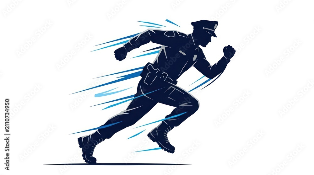 Fototapeta premium Police officer running fast silhouette motion blur action uniform